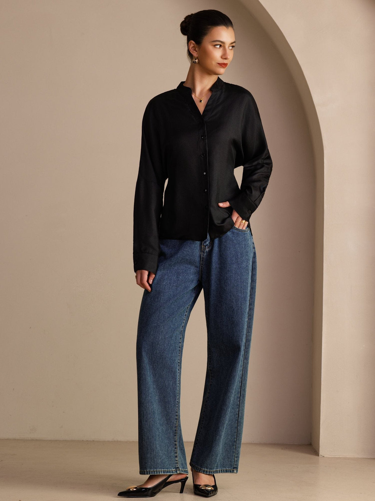 Blusa De Seda De Morera 100 Por Ciento Mujer Con Escote Abierto Y Cordón De Ajuste Manga Larga