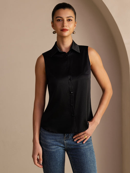 19 Momme Seda Sin Mangas Cuello Clásico Camisa