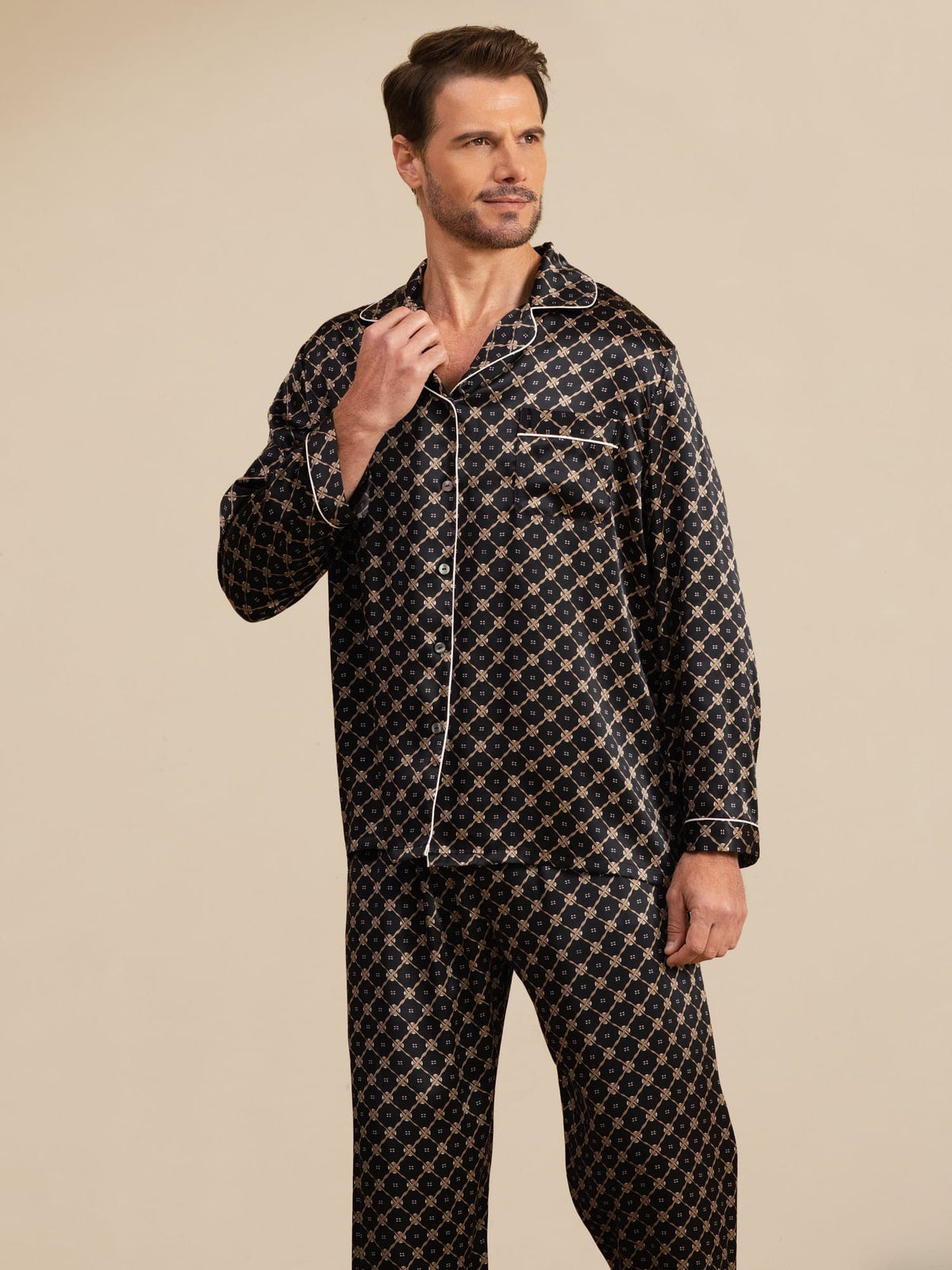 Conjunto De Pijama De Hombre De Seda Pura Con Estampado De Cadena Azul Marino Manga Larga Con Pantalón