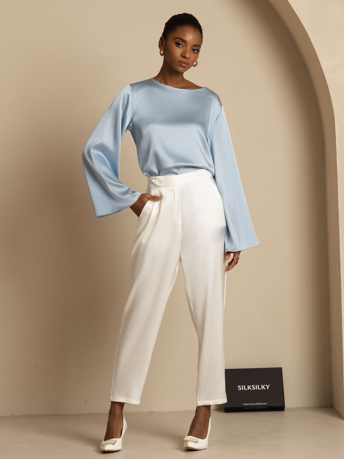 19Momme Seda Relajada Manga Larga Blusa