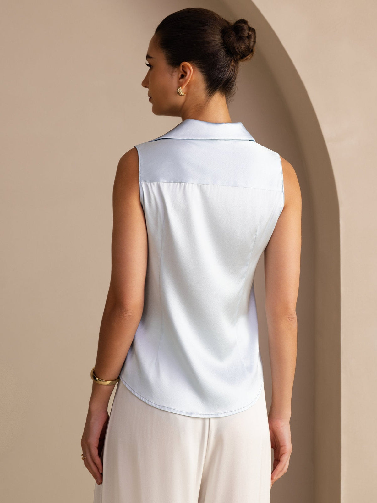 19 Momme Seda Sin Mangas Cuello Clásico Camisa