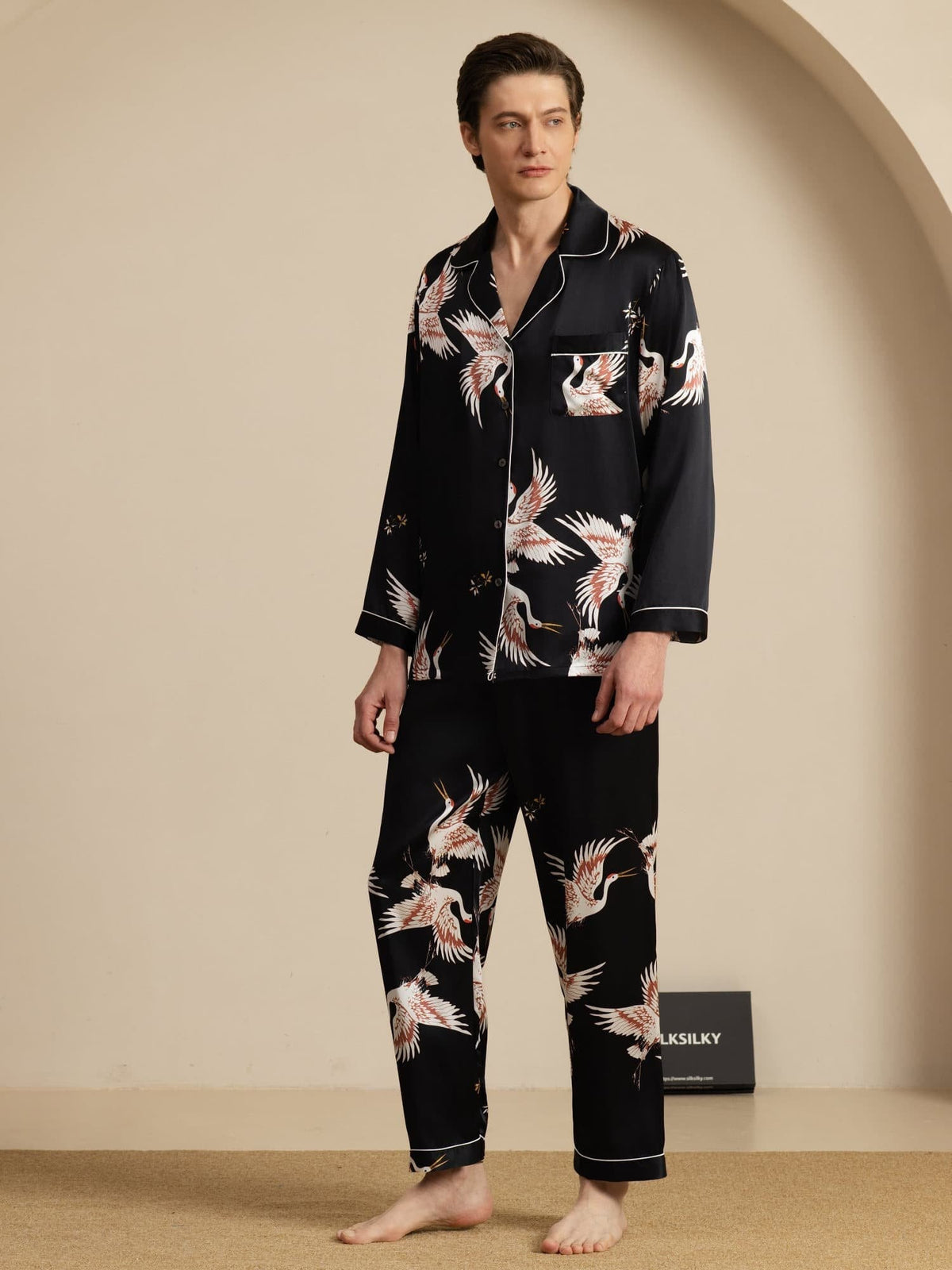 Conjunto de Pijamas para Hombre Estampado de Grúa Seda Pura 19Momme Manga Larga Cuello Notch