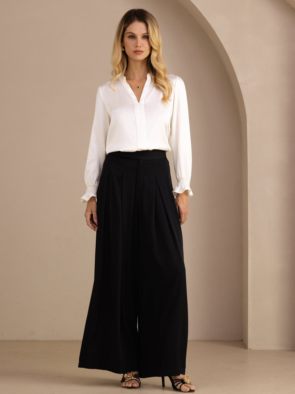 Blusa De Seda Mujer 19 Momme Con Escote Abierto Y Manga Larga