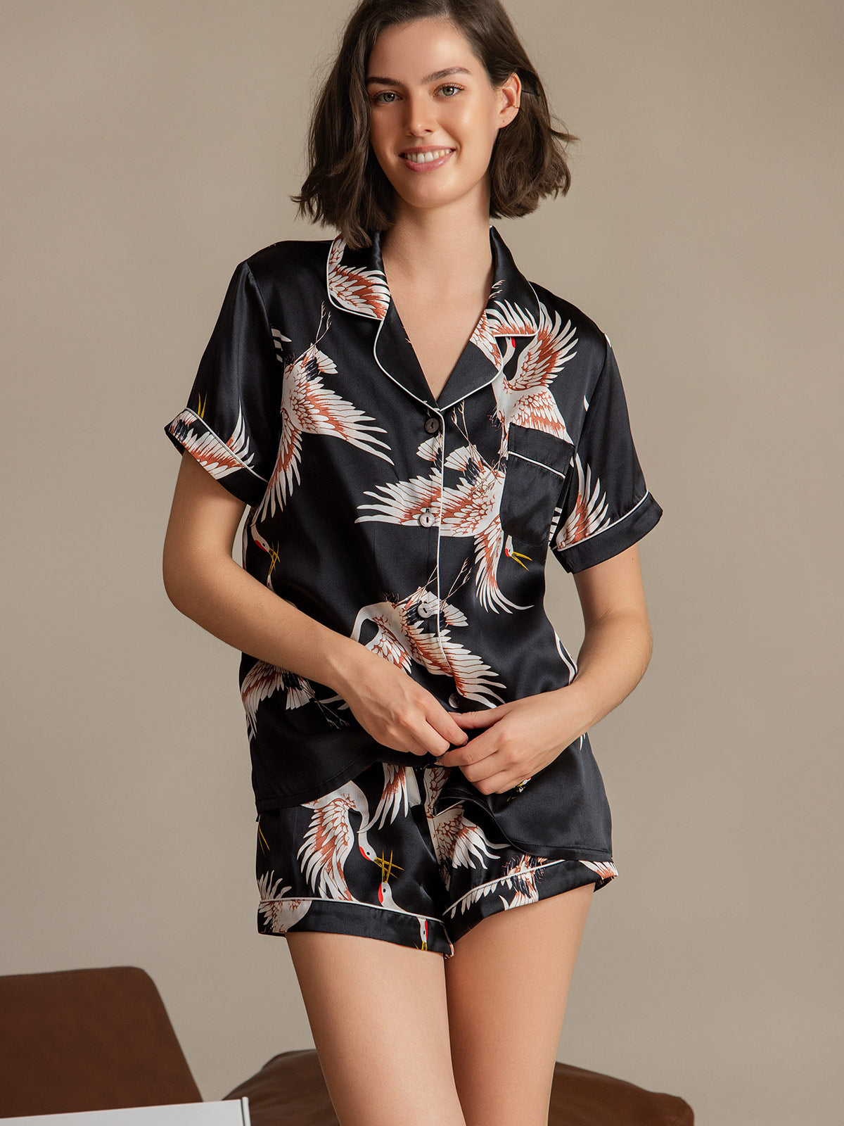 19Momme Conjunto De Pijama Para Mujer En Seda Pura Manga Corta Estampado De Grulla