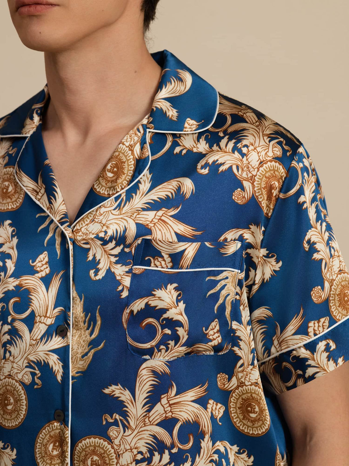 Pure Seda Hombre Estampado Dragón Manga Corta Cuello Notch Conjunto Pijama