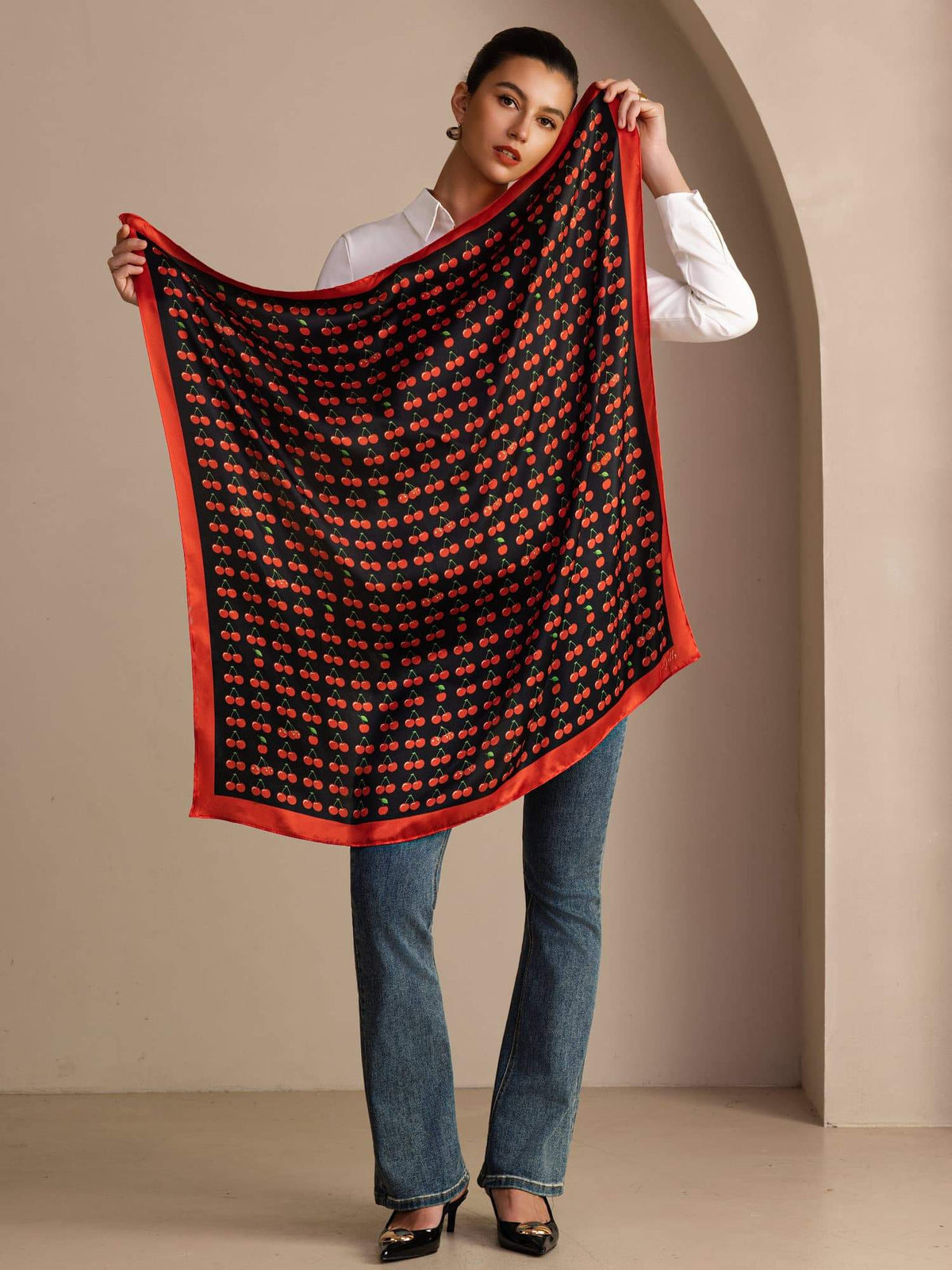 100 Por Ciento Seda De Morera Bufanda Estampado Cereza Tamaño 90x90cm