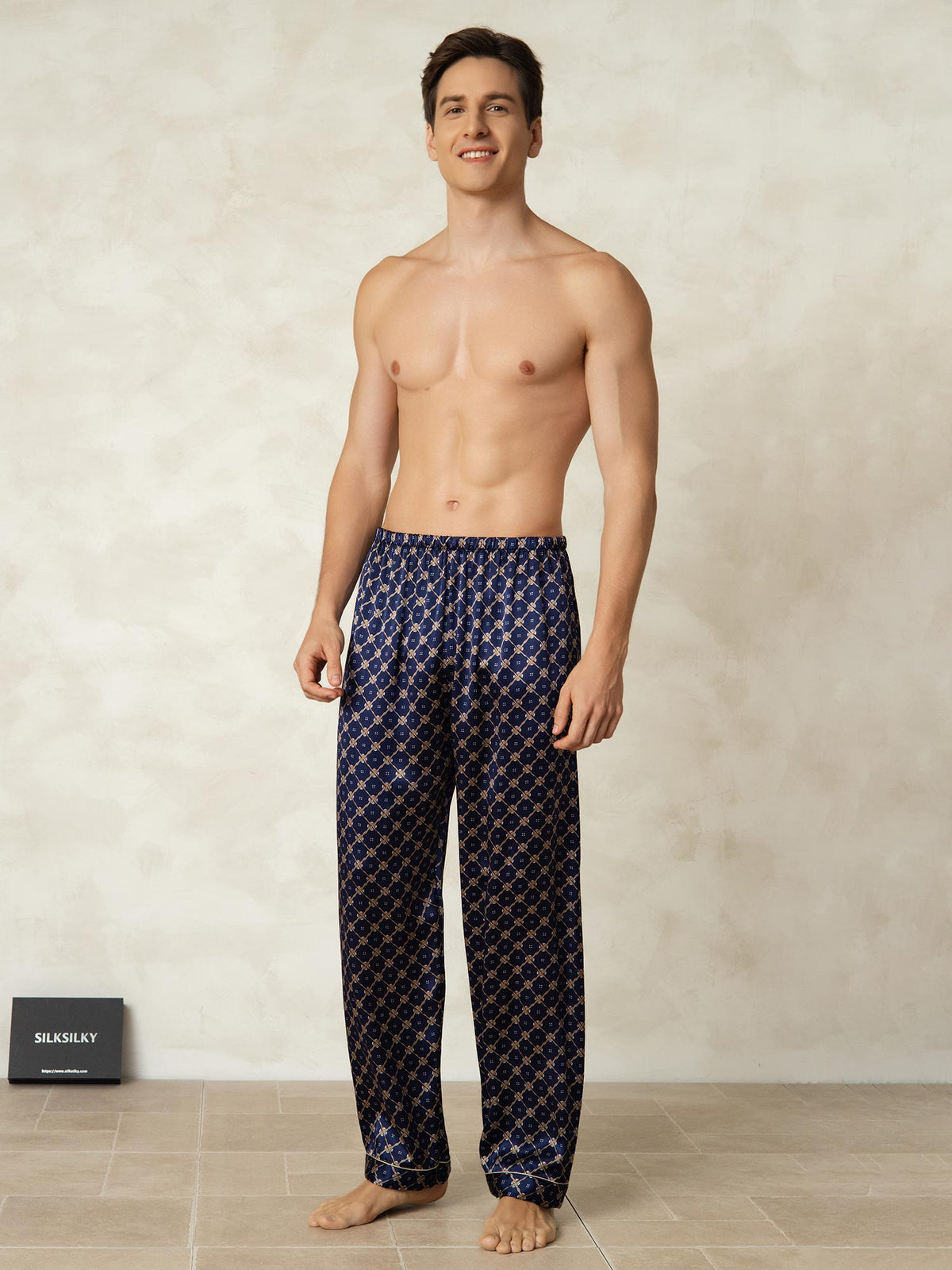 Pantalones De Dormir Para Hombre De Seda Pura Con Estampado De Cadenas Azul Marino Y Cintura Elástica