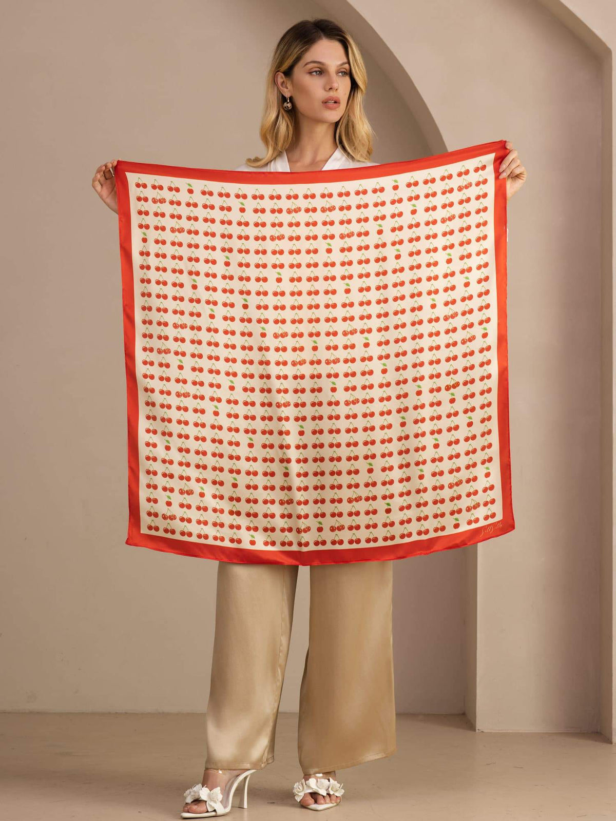 100 Por Ciento Seda De Morera Bufanda Estampado Cereza Tamaño 90x90cm