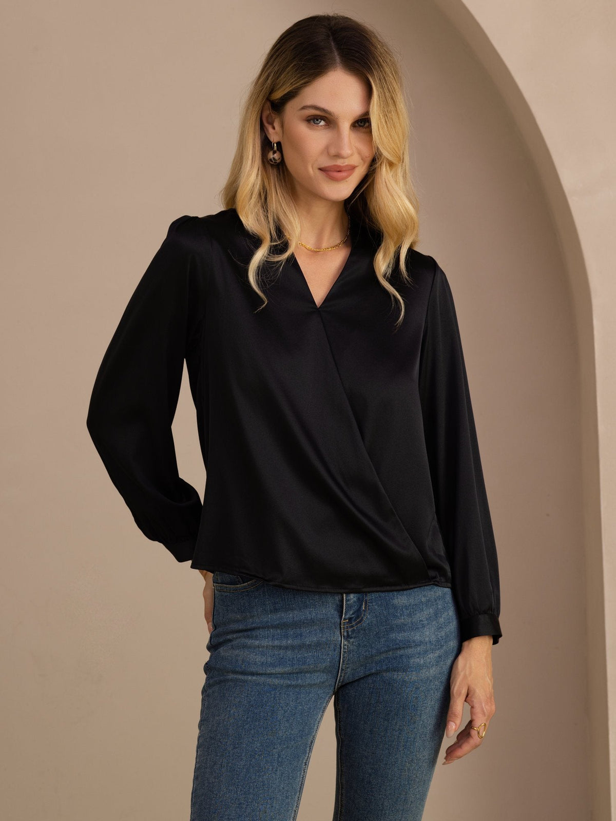 Blusa De Seda Mujer 19 Momme Con Escote Cruzado Y Manga Larga