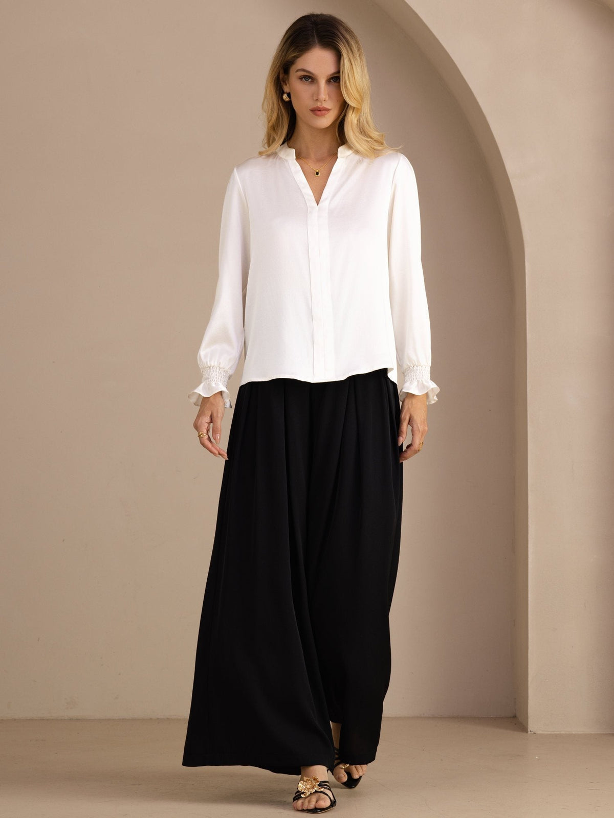 Blusa De Seda Mujer 19 Momme Con Escote Abierto Y Manga Larga