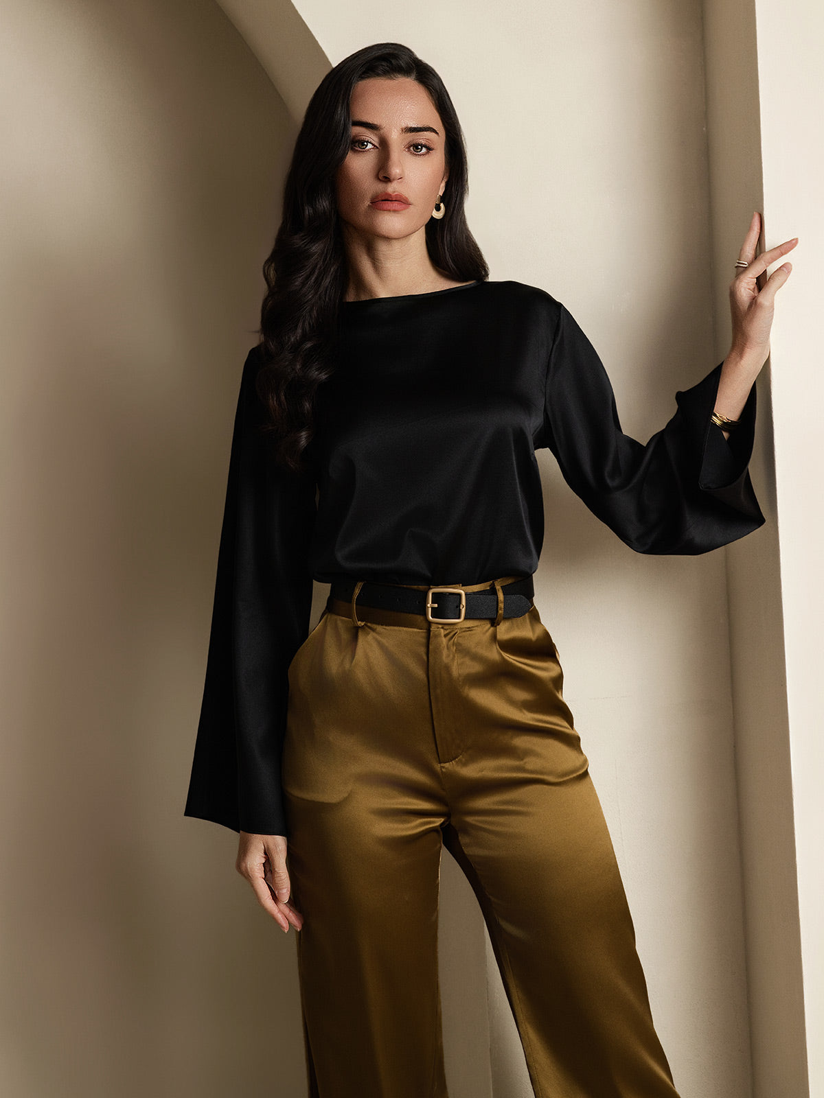 19Momme Seda Relajada Manga Larga Blusa