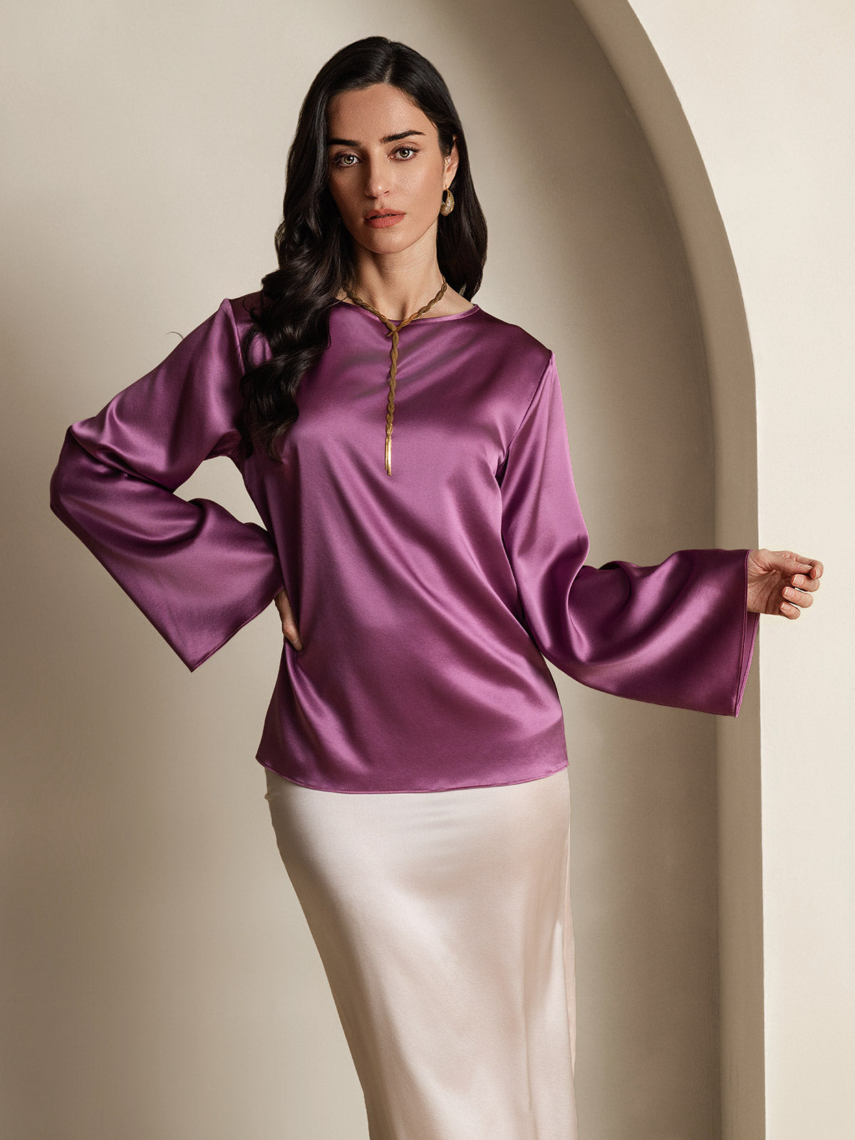 19Momme Seda Relajada Manga Larga Blusa