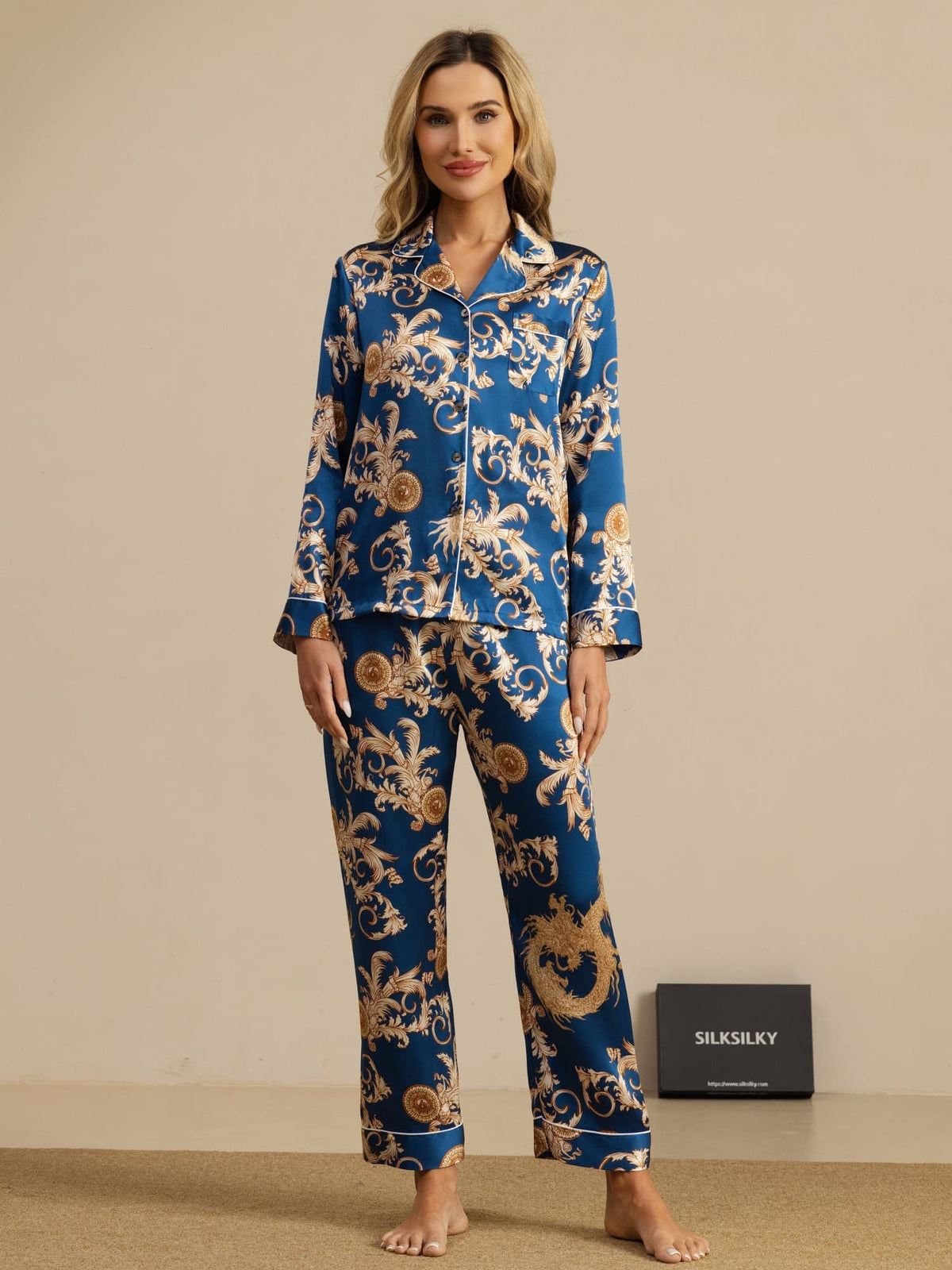 Pijama Mujer Seda Pura Manga Larga Cuello Notch Con Pantalón Estampado Dragón