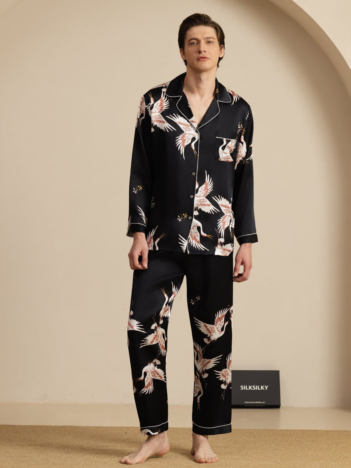 Conjunto de Pijamas para Hombre Estampado de Grúa Seda Pura 19Momme Manga Larga Cuello Notch