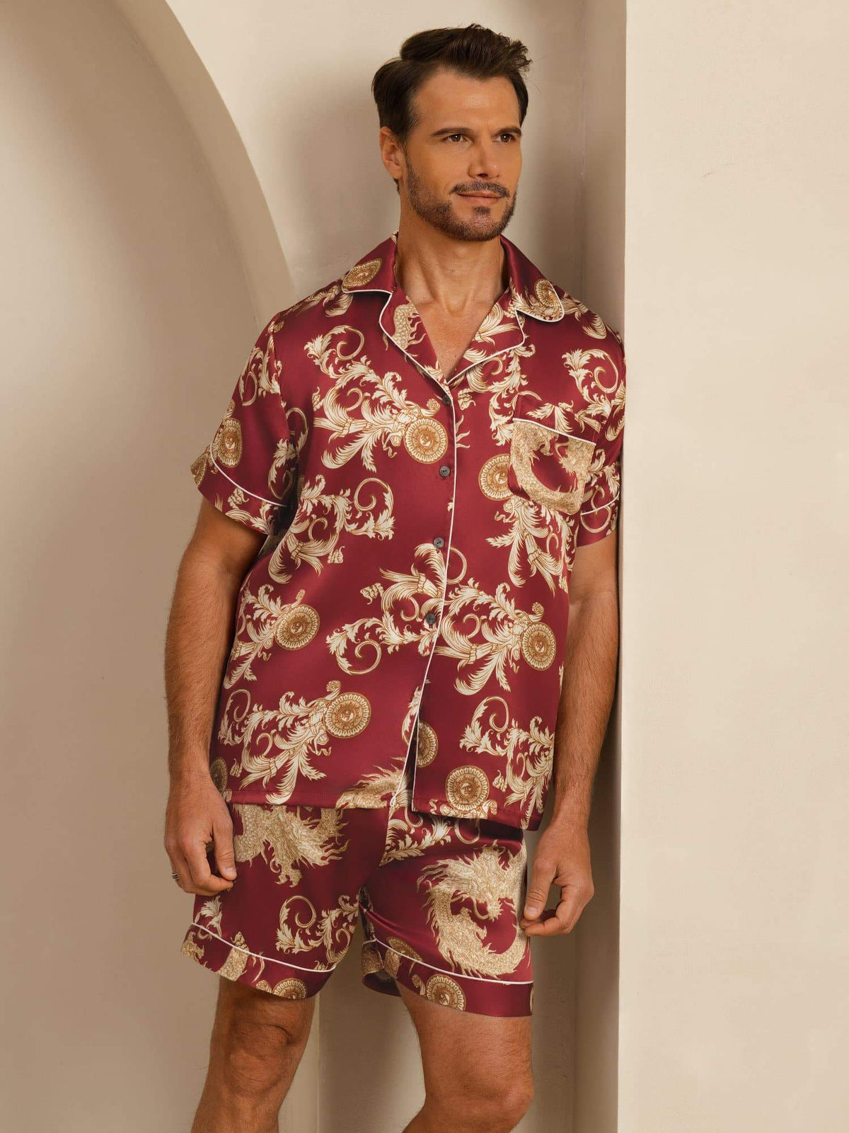 Pure Seda Hombre Estampado Dragón Manga Corta Cuello Notch Conjunto Pijama