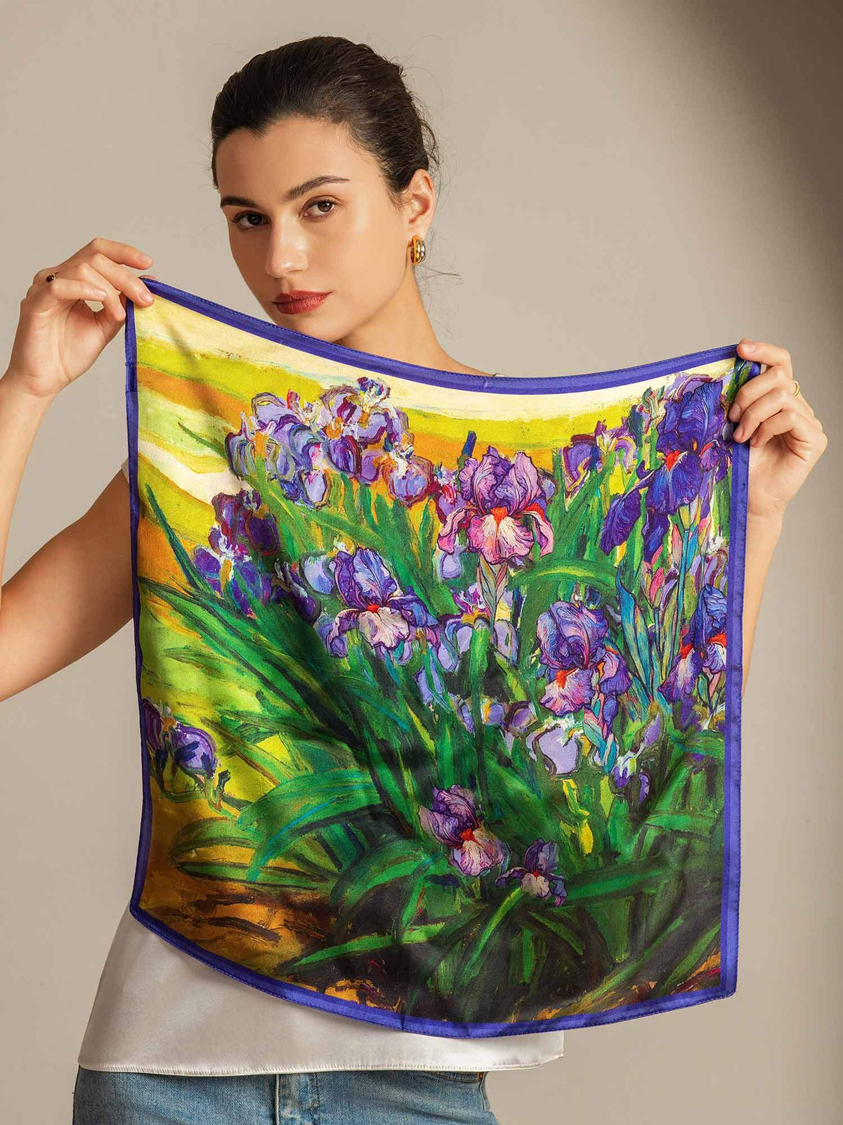 Pure Silk Pañuelo Cuadrado Pintura al Óleo Floral - Tamaño 53x53cm