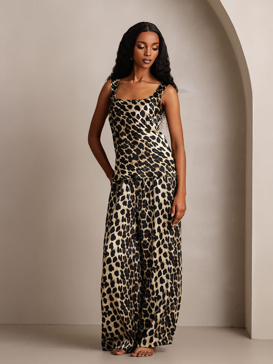 Conjunto De Mujer De Pura Seda Con Estampado De Leopardo – Top De Cuello En U Y Pantalones De Pierna Ancha