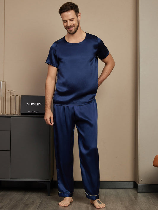 Pijama De Hombre De Pura Seda Con Mangas Cortas Cuello Redondo Y Pantalón