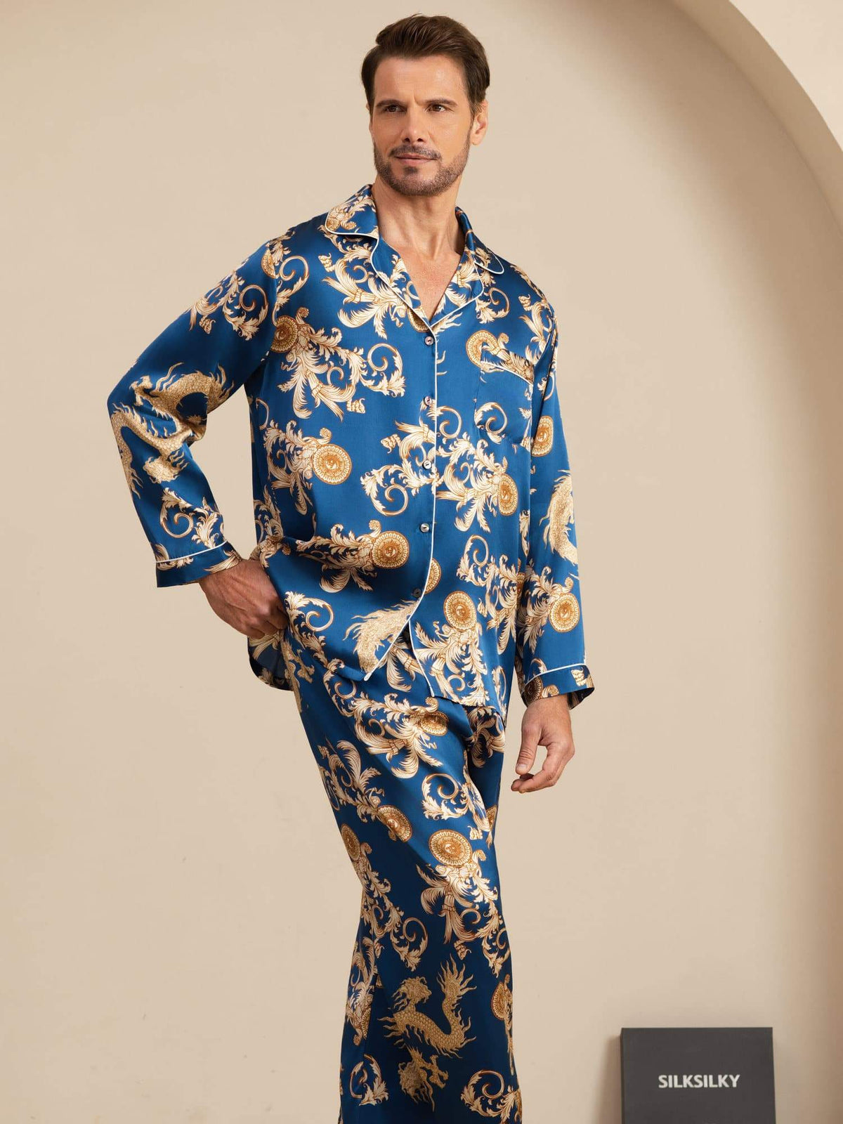 Pure Seda Hombre Estampado Dragón Manga Larga Cuello Notch Conjunto Pijama