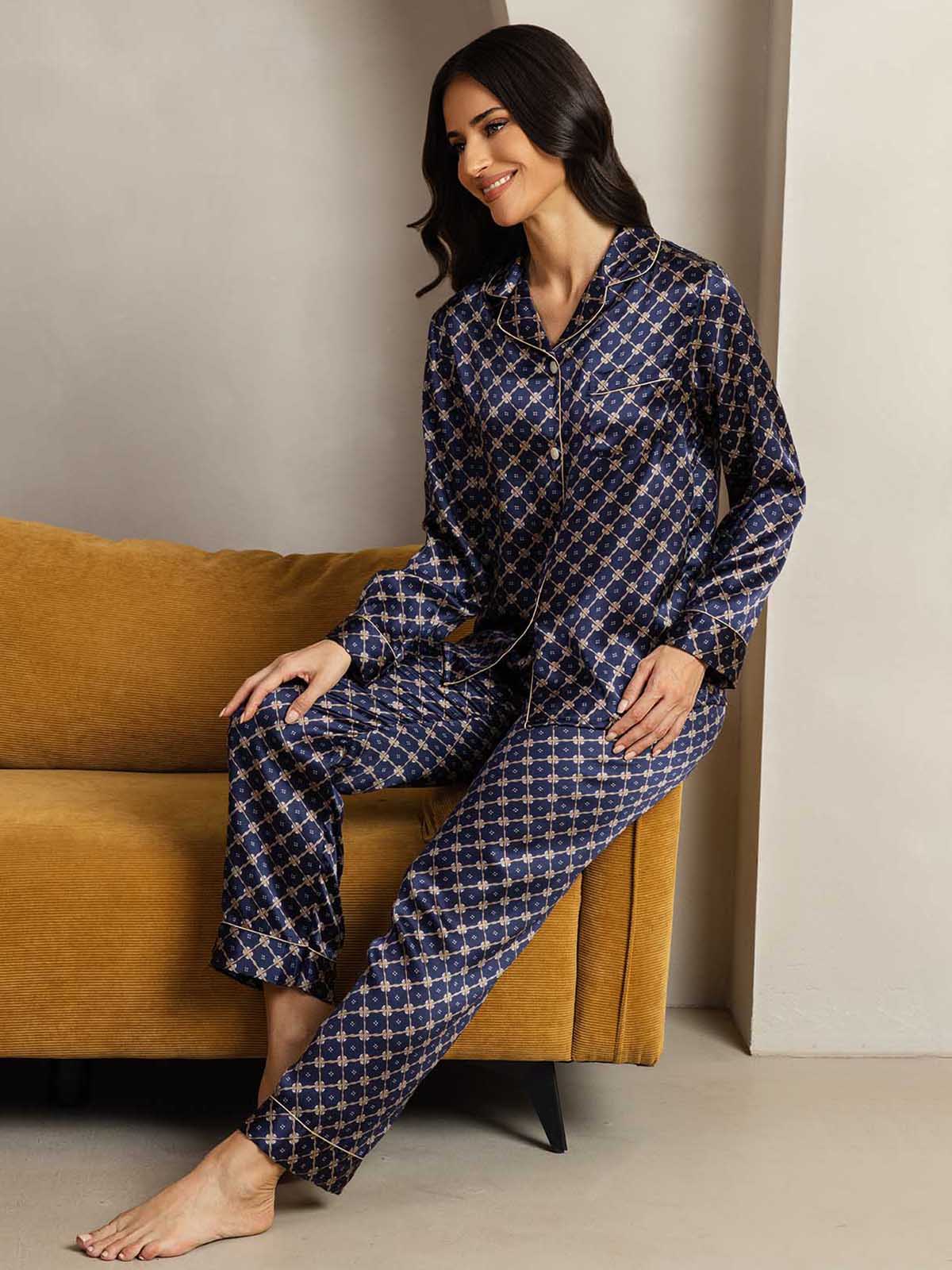 Conjunto De Pijama De Seda Pura Para Mujer Con Estampado De Cadena Marino, Manga Larga Y Cuello Con Solapas