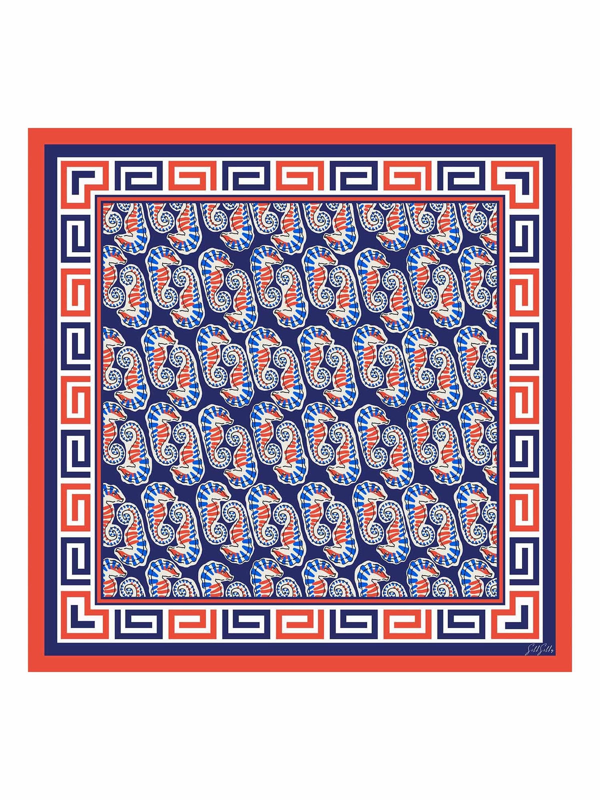 Pañuelo De Seda De Morera 100 Por Ciento Con Estampado De Caballito De Mar Tamaño 90 x 90 cm