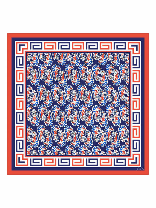 Pañuelo De Seda De Morera 100 Por Ciento Con Estampado De Caballito De Mar Tamaño 90 x 90 cm