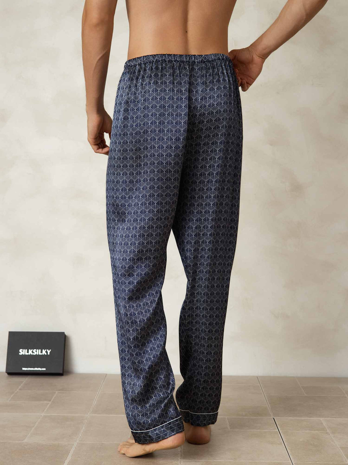 Pantalones De Dormir De Seda Pura Ginkgo Azul Marino Para Hombre Con Cintura Elástica