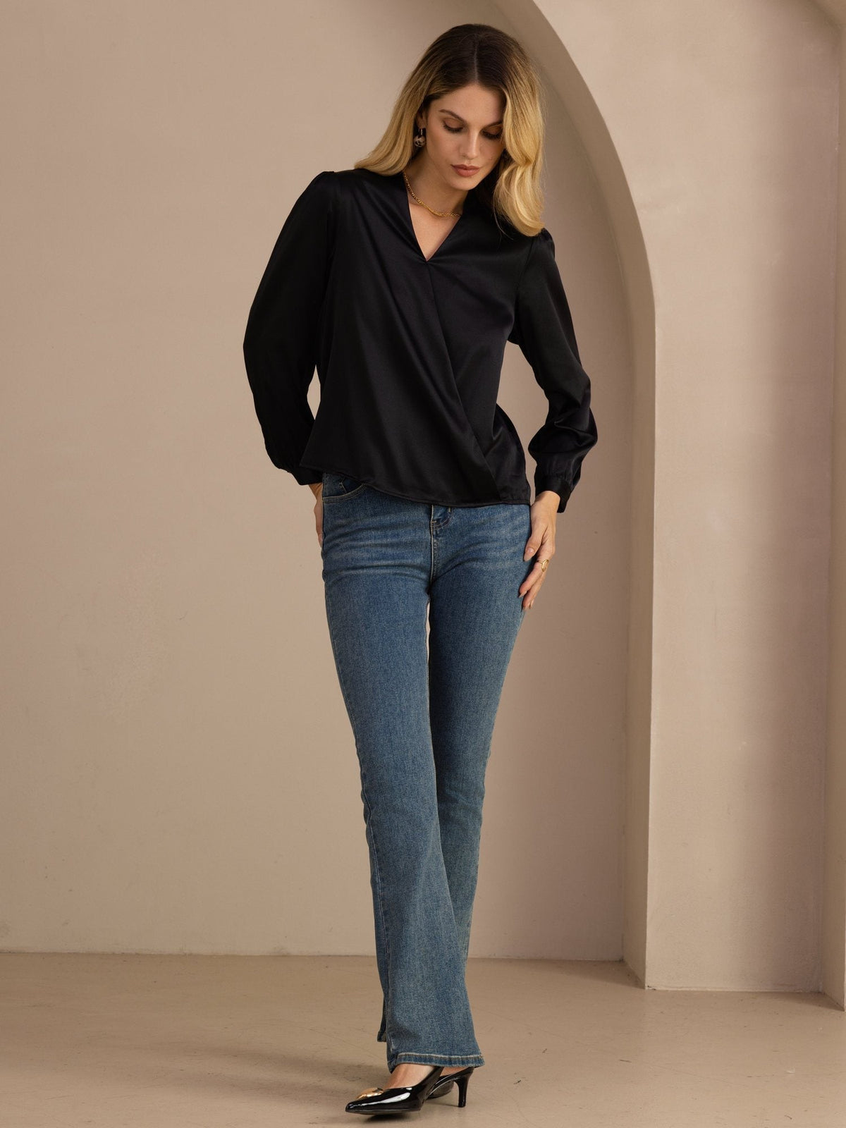 Blusa De Seda Mujer 19 Momme Con Escote Cruzado Y Manga Larga