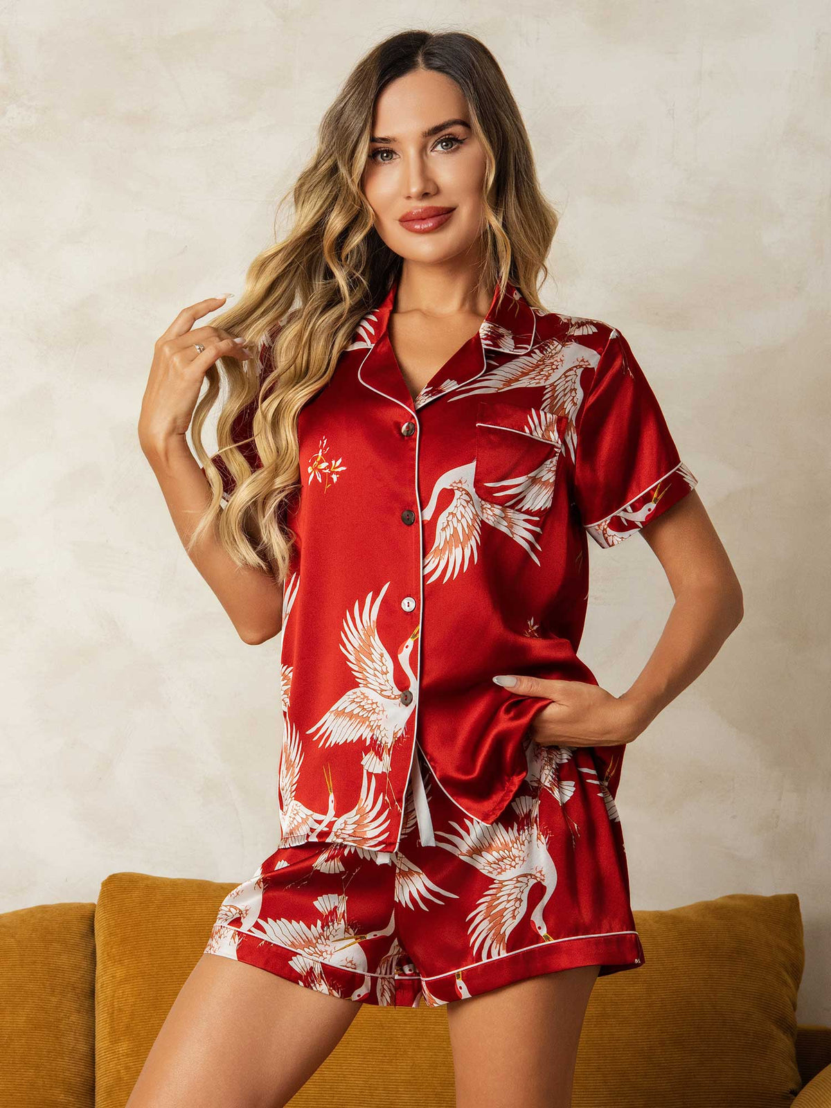 19Momme Conjunto De Pijama Para Mujer En Seda Pura Manga Corta Estampado De Grulla