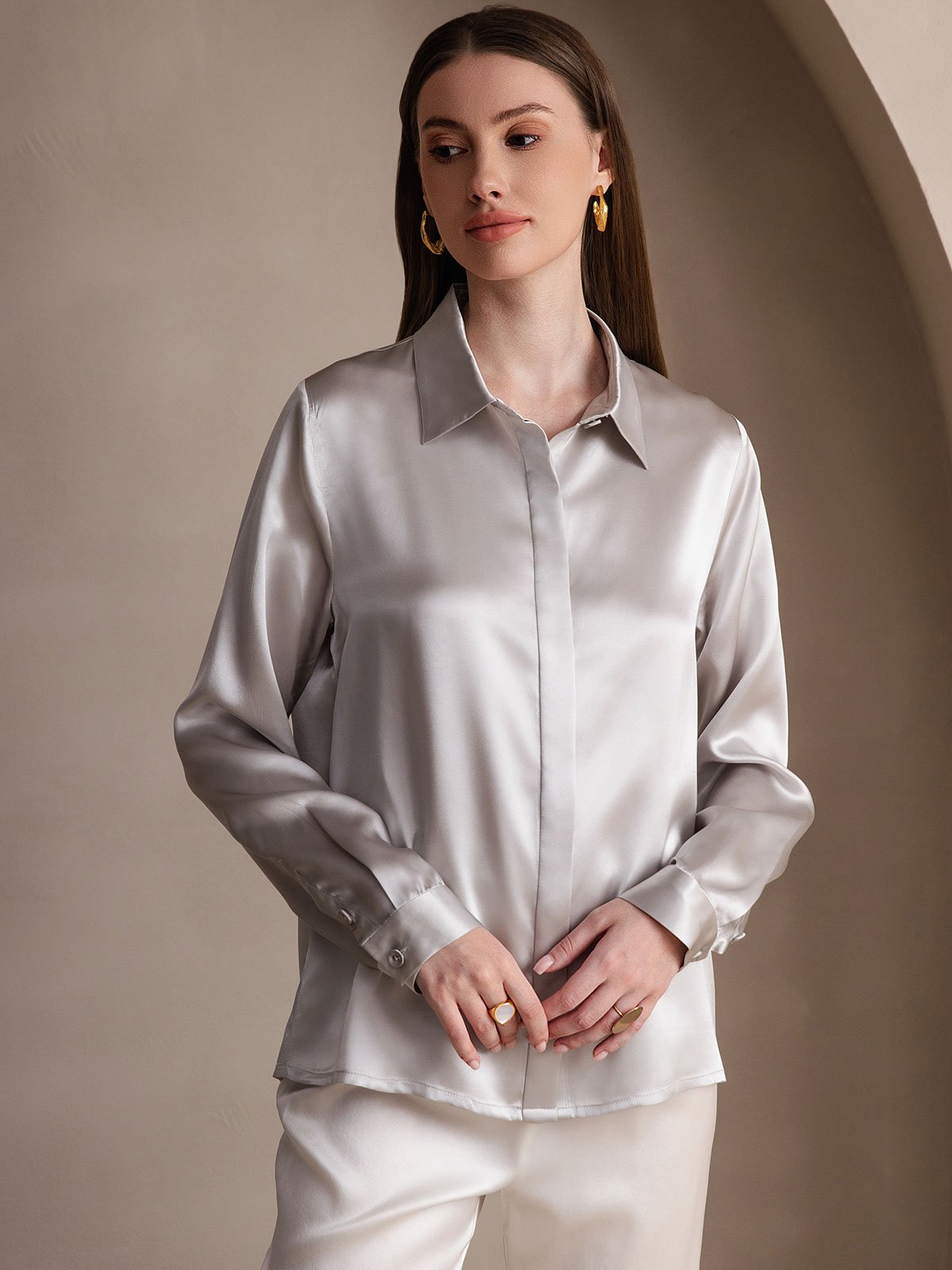 19 Momme Camisa Básica De Seda De Manga Larga