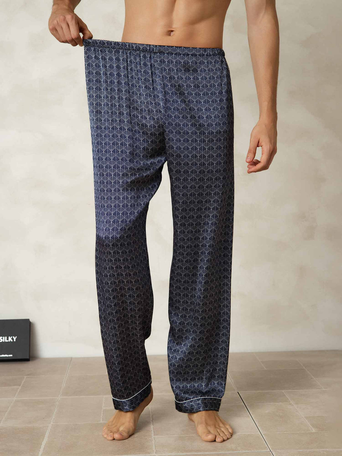 Pantalones De Dormir De Seda Pura Ginkgo Azul Marino Para Hombre Con Cintura Elástica