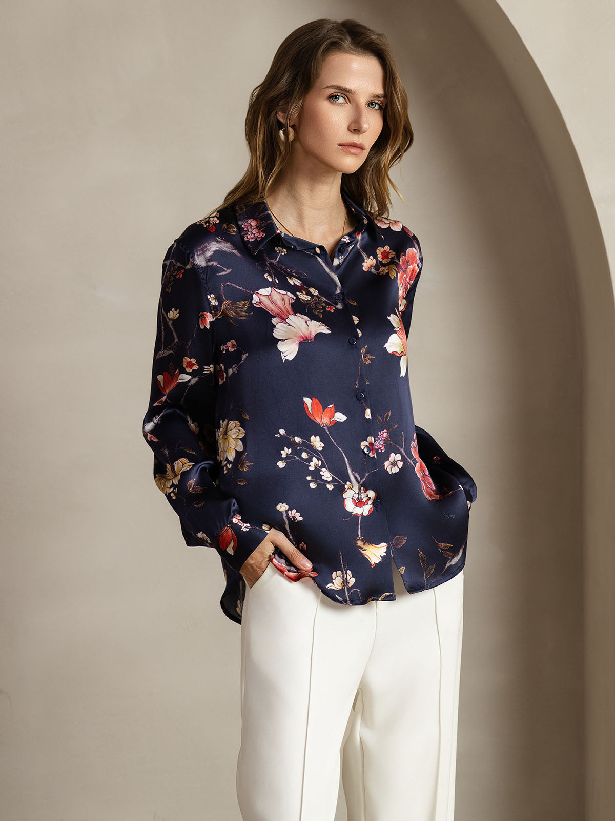 19Momme Aurora Cruz Seda con Cuello Básica  Camisa