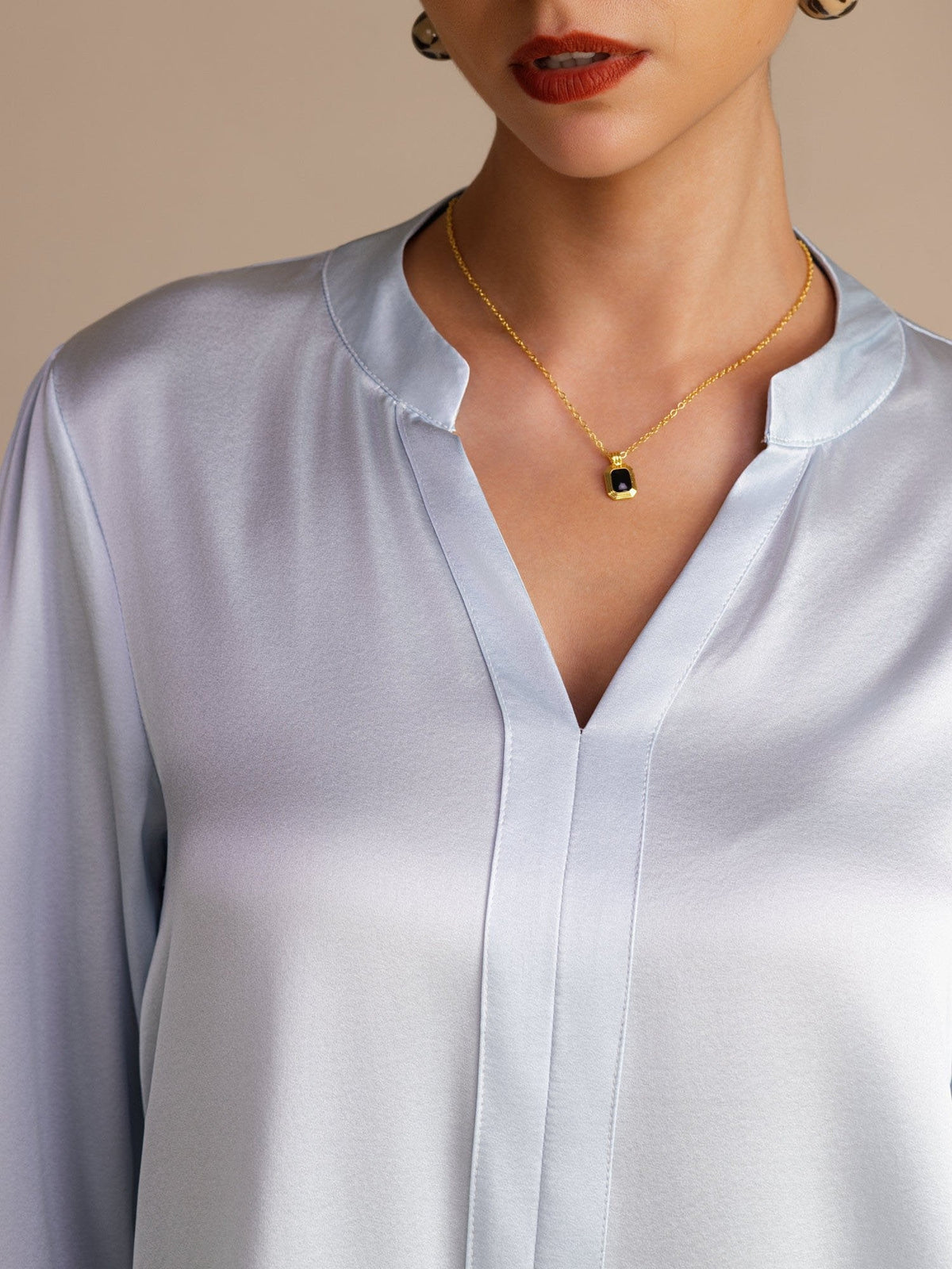 Blusa De Seda Mujer 19 Momme Con Escote Abierto Y Manga Larga