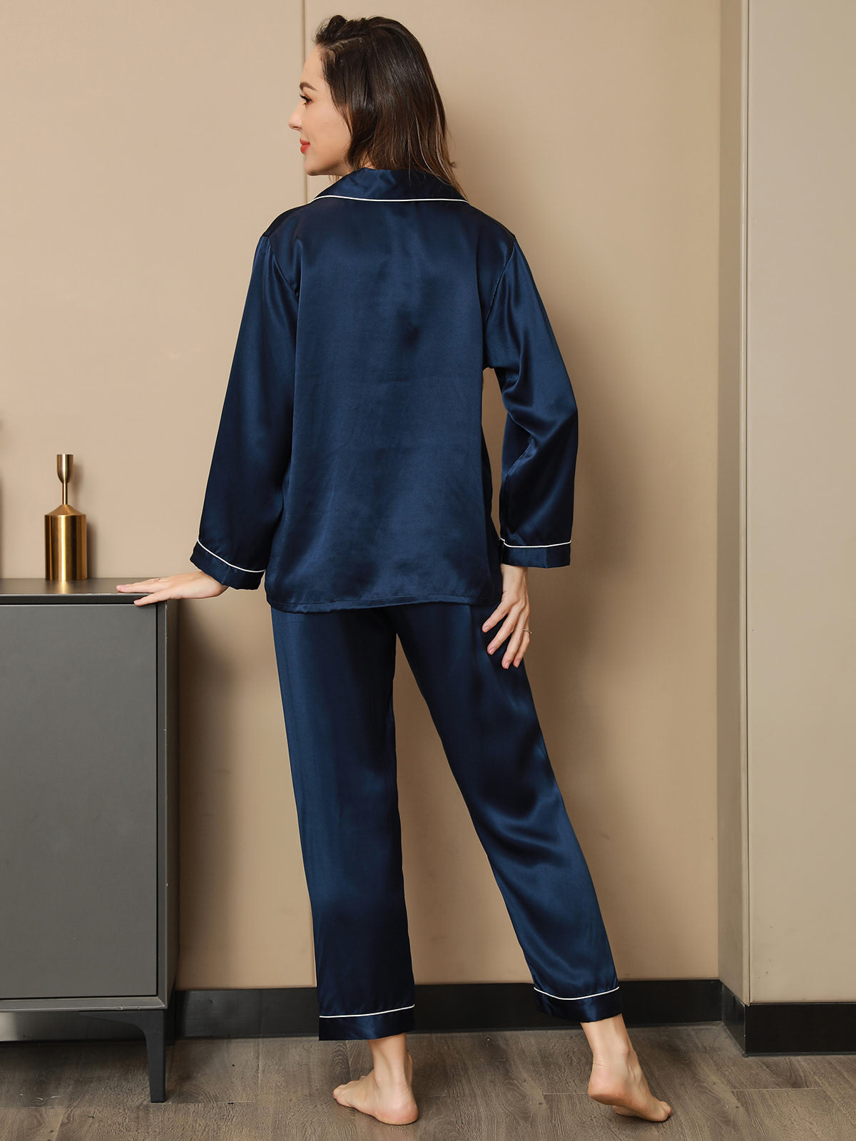 Conjunto De Pijamas De Seda Pura Con Cuello Con Muesca Y Botones