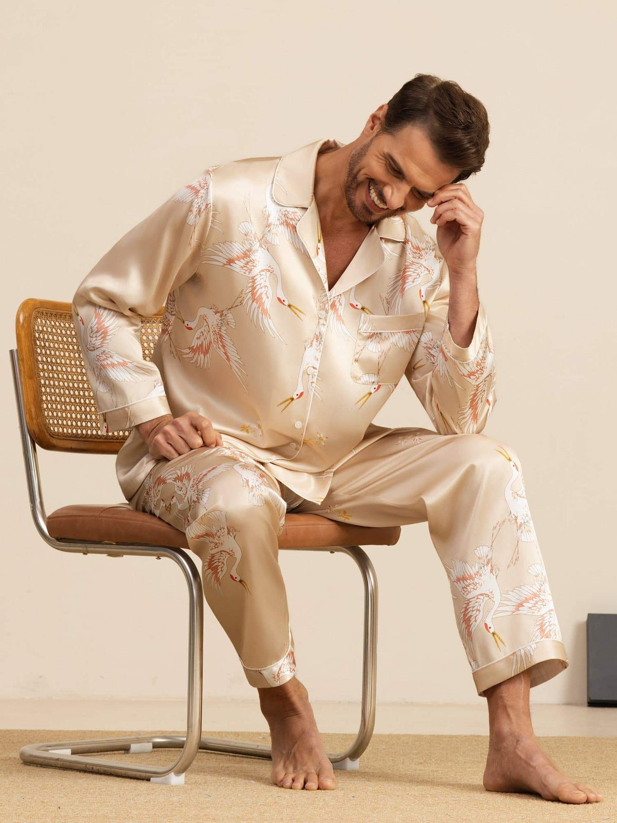 Conjunto de Pijamas para Hombre Estampado de Grúa Seda Pura 19Momme Manga Larga Cuello Notch