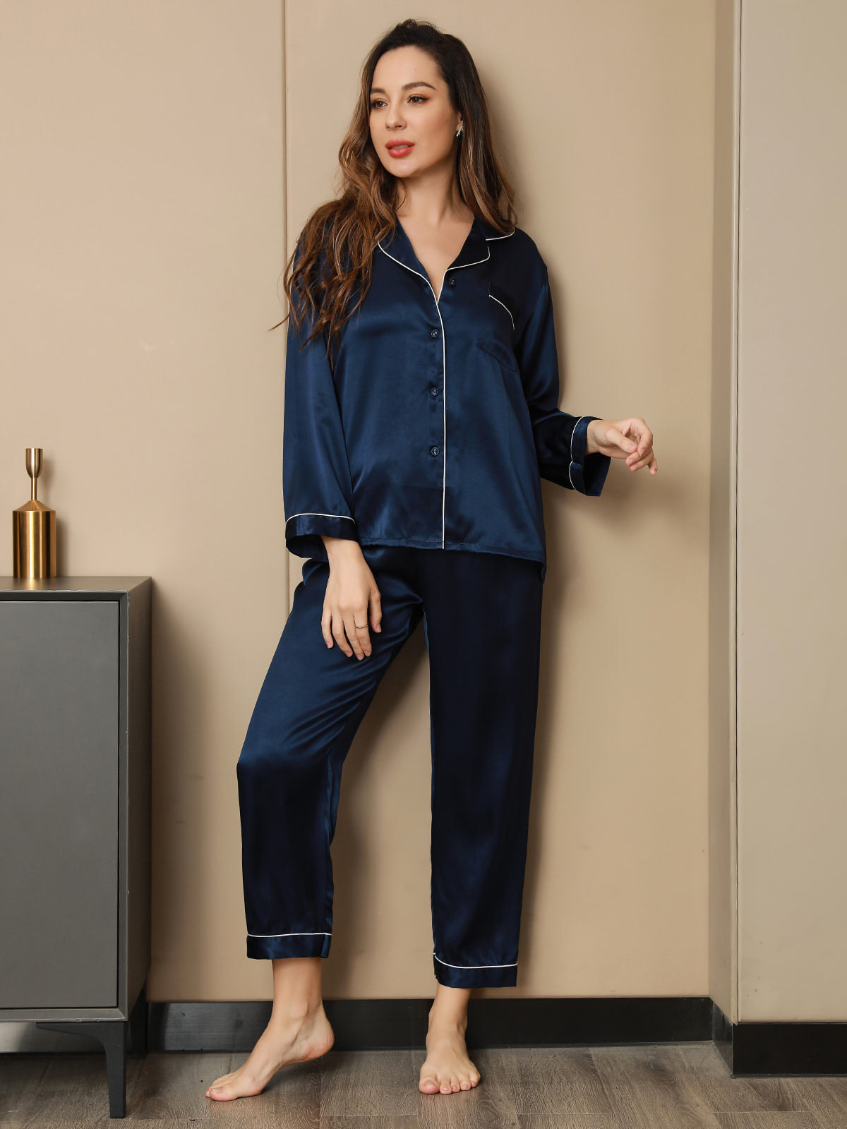 Conjunto De Pijamas De Seda Pura Con Cuello Con Muesca Y Botones
