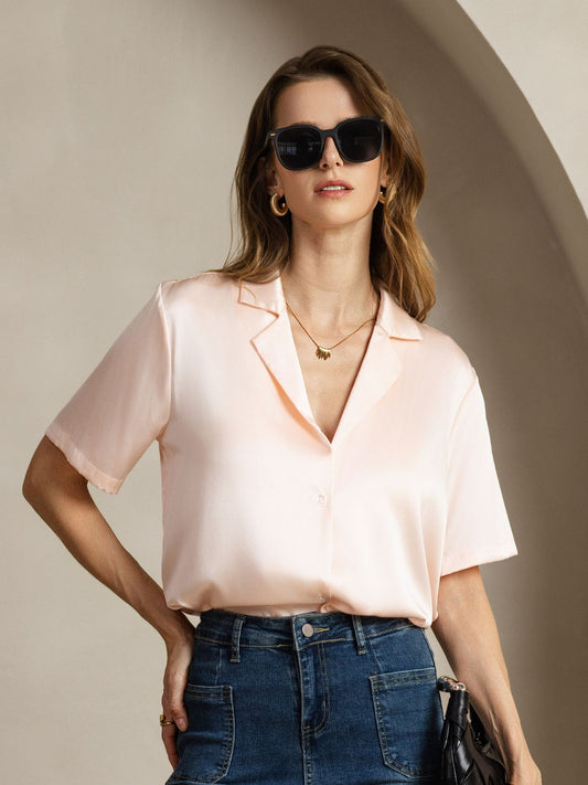 Camisa de mujer en seda 19 momme con manga corta, solapa y cierre de botones