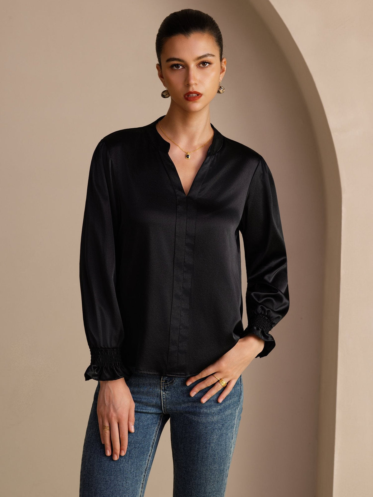 Blusa De Seda Mujer 19 Momme Con Escote Abierto Y Manga Larga