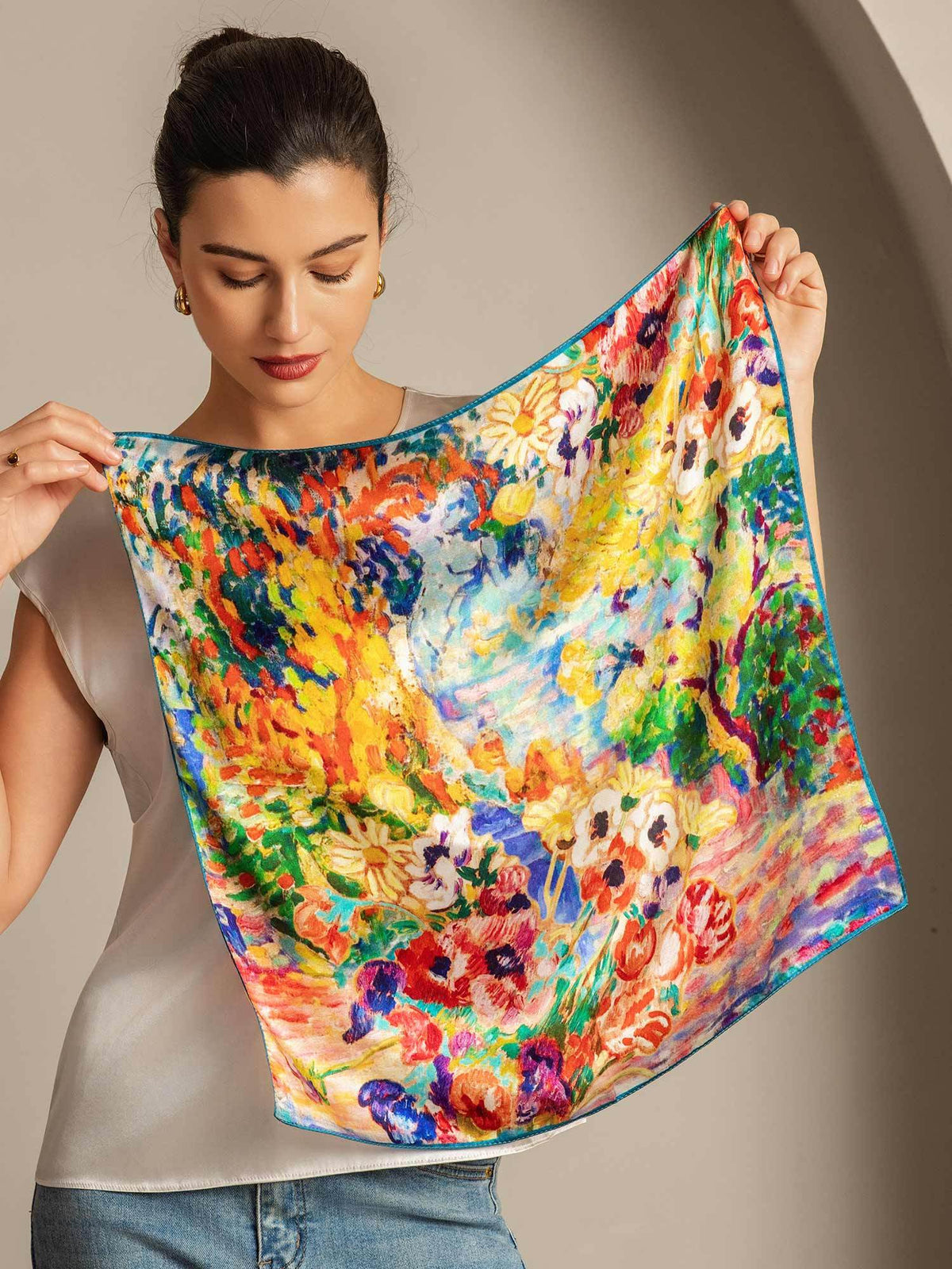 Pure Silk Pintura al Óleo Pañuelo Cuadrado - Tamaño 53x53cm