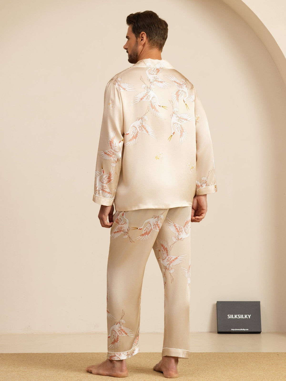 Conjunto de Pijamas para Hombre Estampado de Grúa Seda Pura 19Momme Manga Larga Cuello Notch