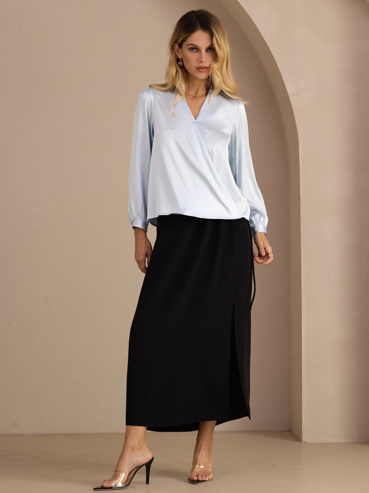Blusa De Seda Mujer 19 Momme Con Escote Cruzado Y Manga Larga