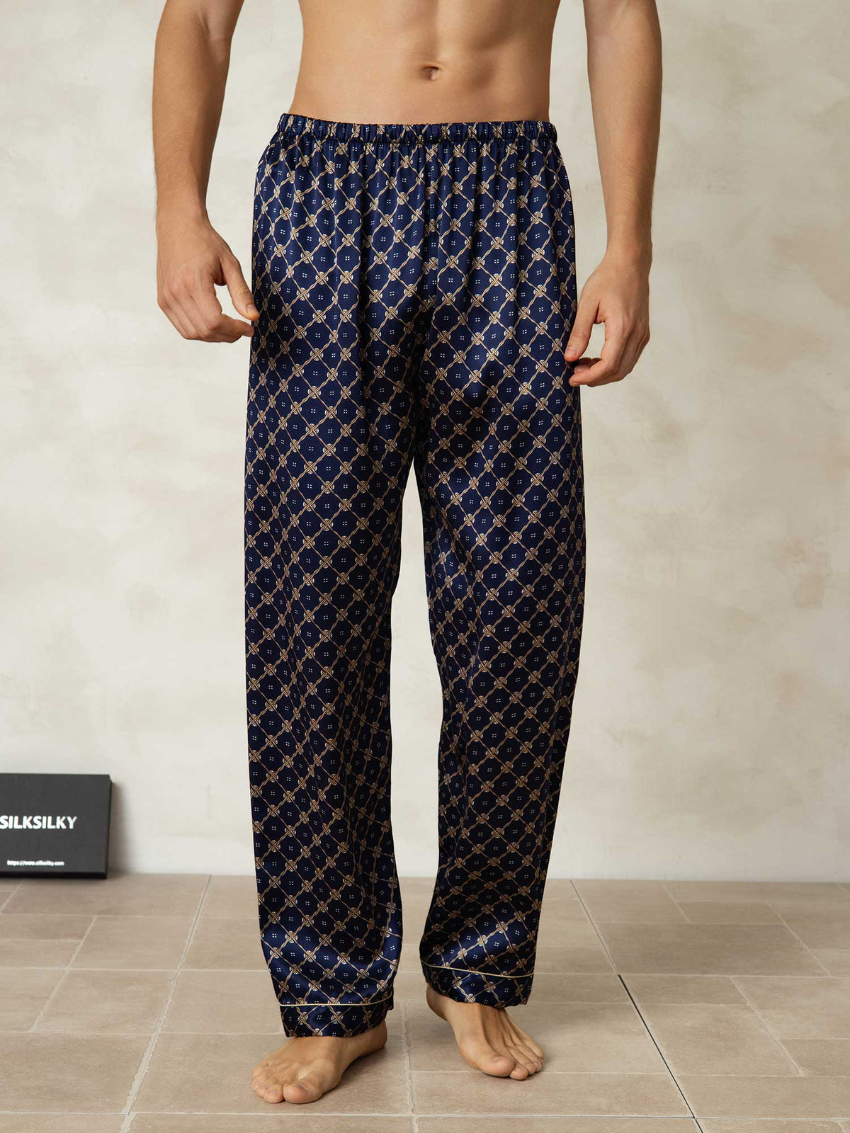 Pantalones De Dormir Para Hombre De Seda Pura Con Estampado De Cadenas Azul Marino Y Cintura Elástica