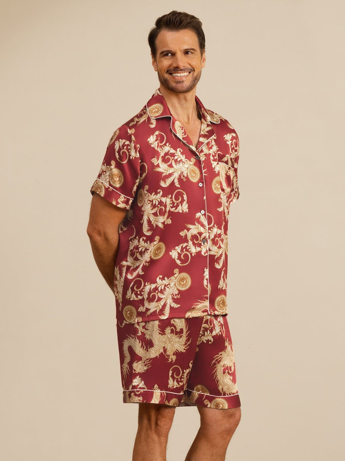 Pure Seda Hombre Estampado Dragón Manga Corta Cuello Notch Conjunto Pijama