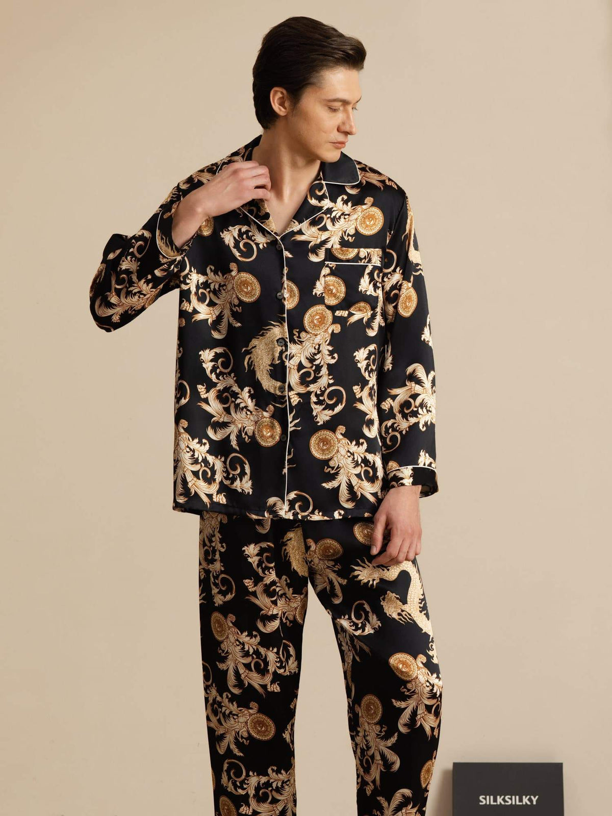 Pure Seda Hombre Estampado Dragón Manga Larga Cuello Notch Conjunto Pijama