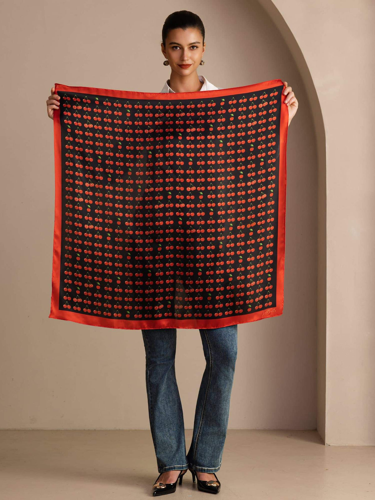 100 Por Ciento Seda De Morera Bufanda Estampado Cereza Tamaño 90x90cm