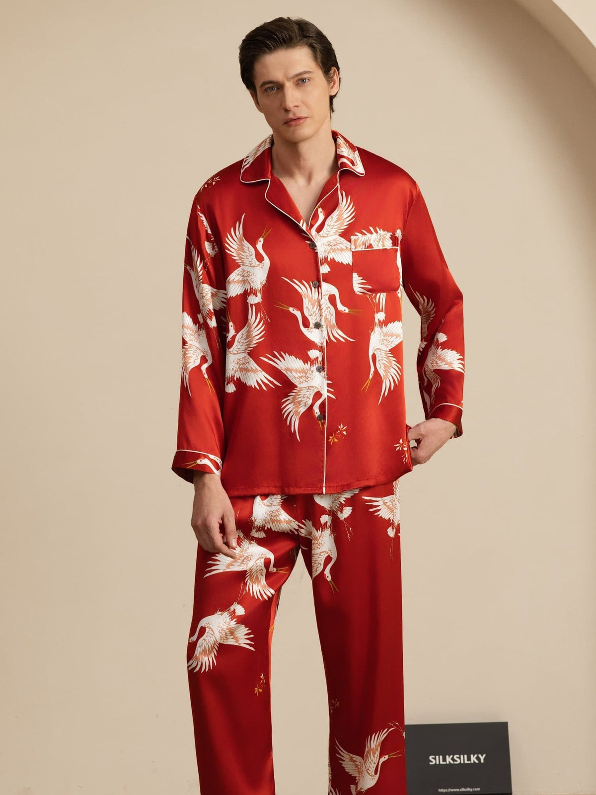 Conjunto de Pijamas para Hombre Estampado de Grúa Seda Pura 19Momme Manga Larga Cuello Notch