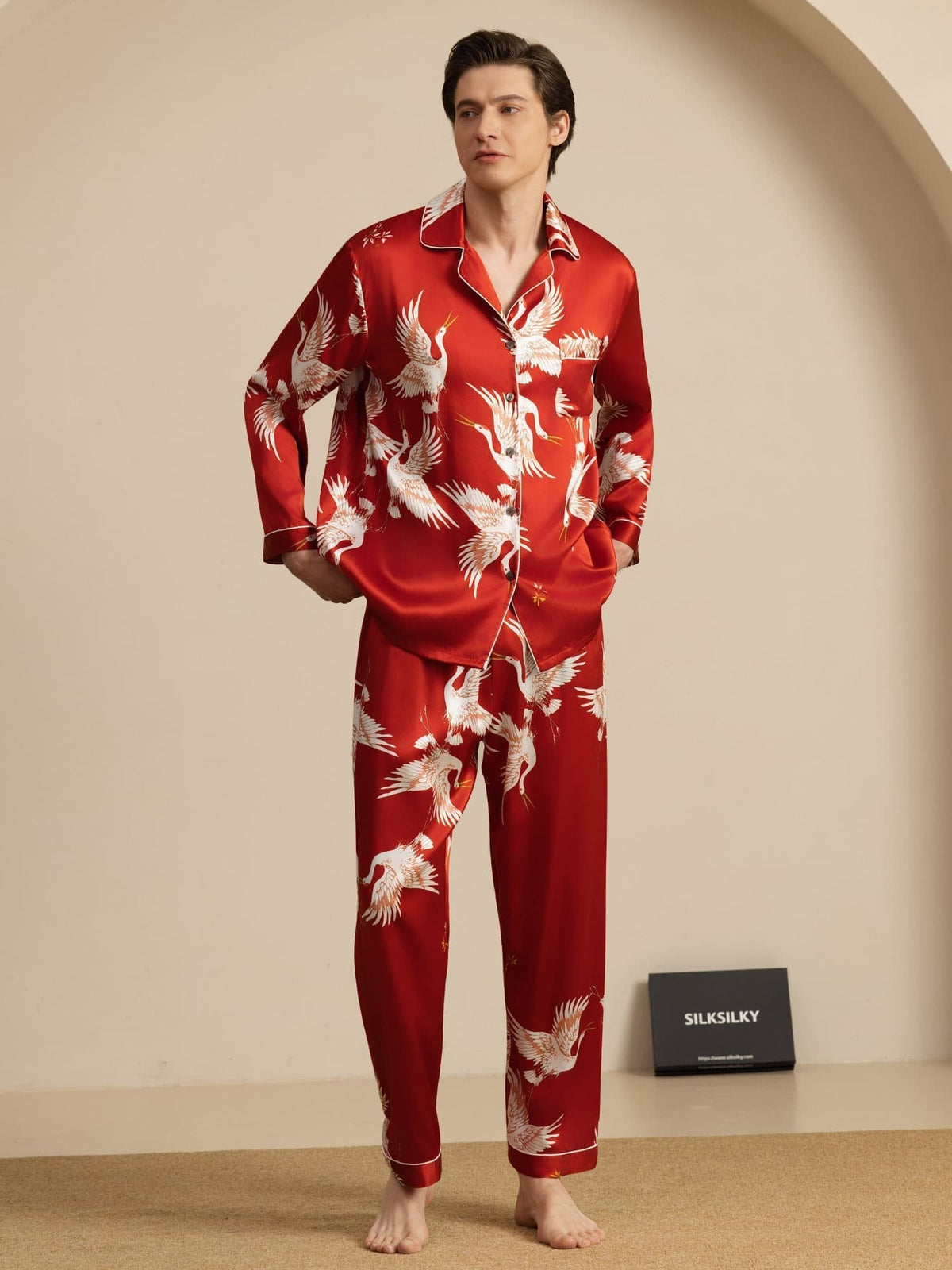 Conjunto de Pijamas para Hombre Estampado de Grúa Seda Pura 19Momme Manga Larga Cuello Notch