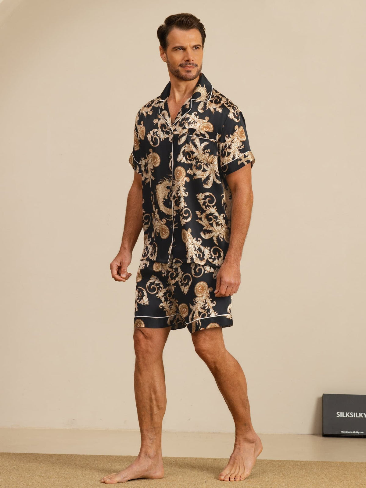 Pure Seda Hombre Estampado Dragón Manga Corta Cuello Notch Conjunto Pijama