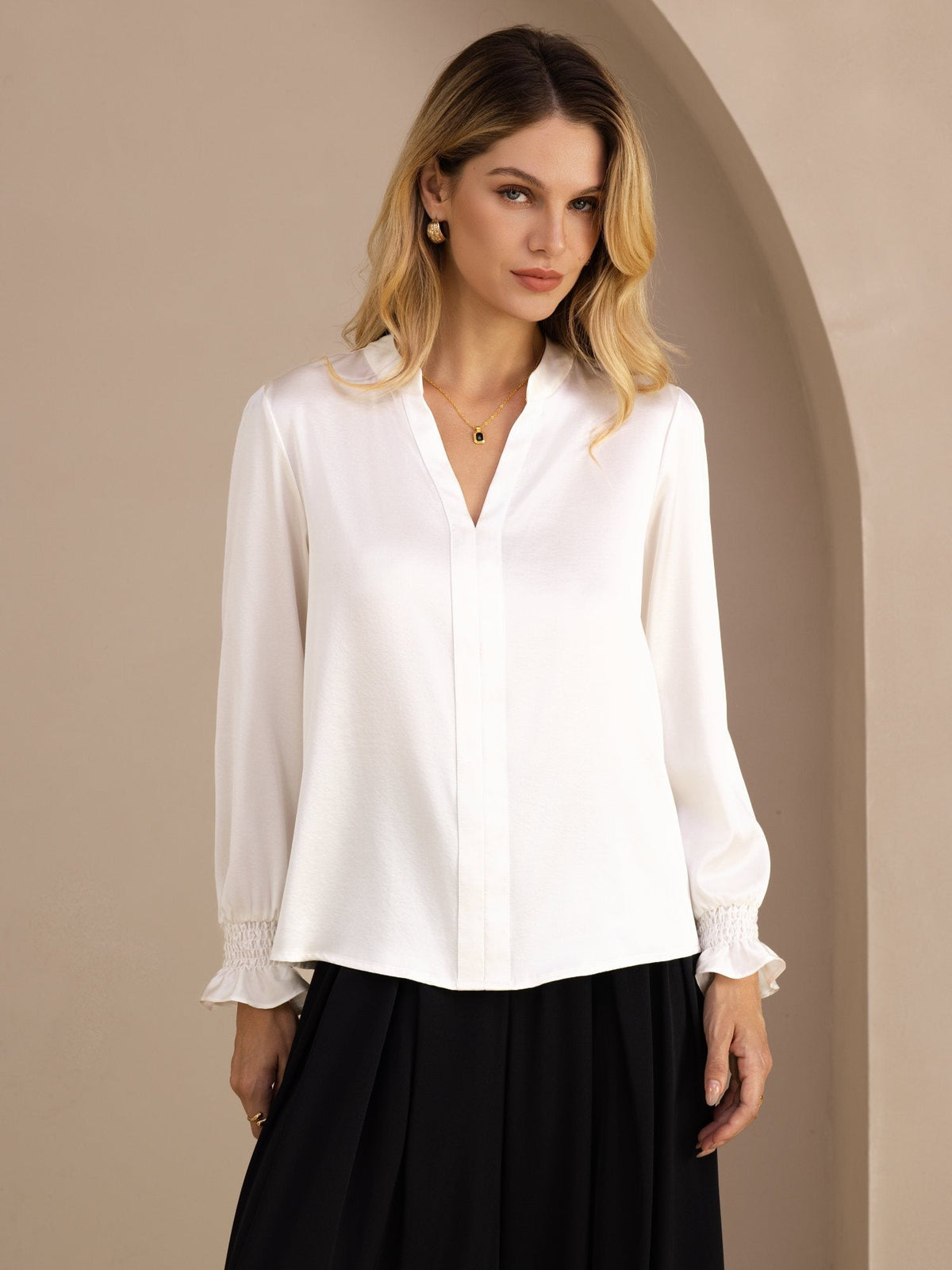 Blusa De Seda Mujer 19 Momme Con Escote Abierto Y Manga Larga
