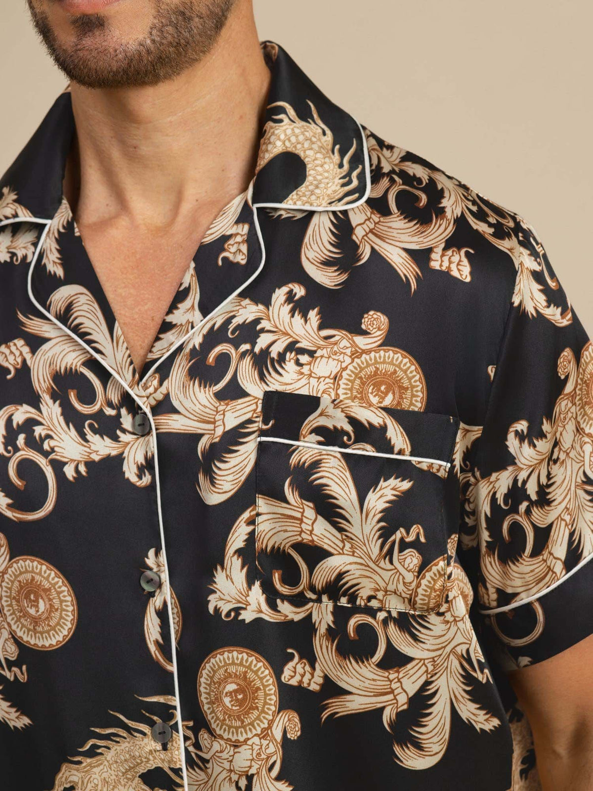 Pure Seda Hombre Estampado Dragón Manga Corta Cuello Notch Conjunto Pijama